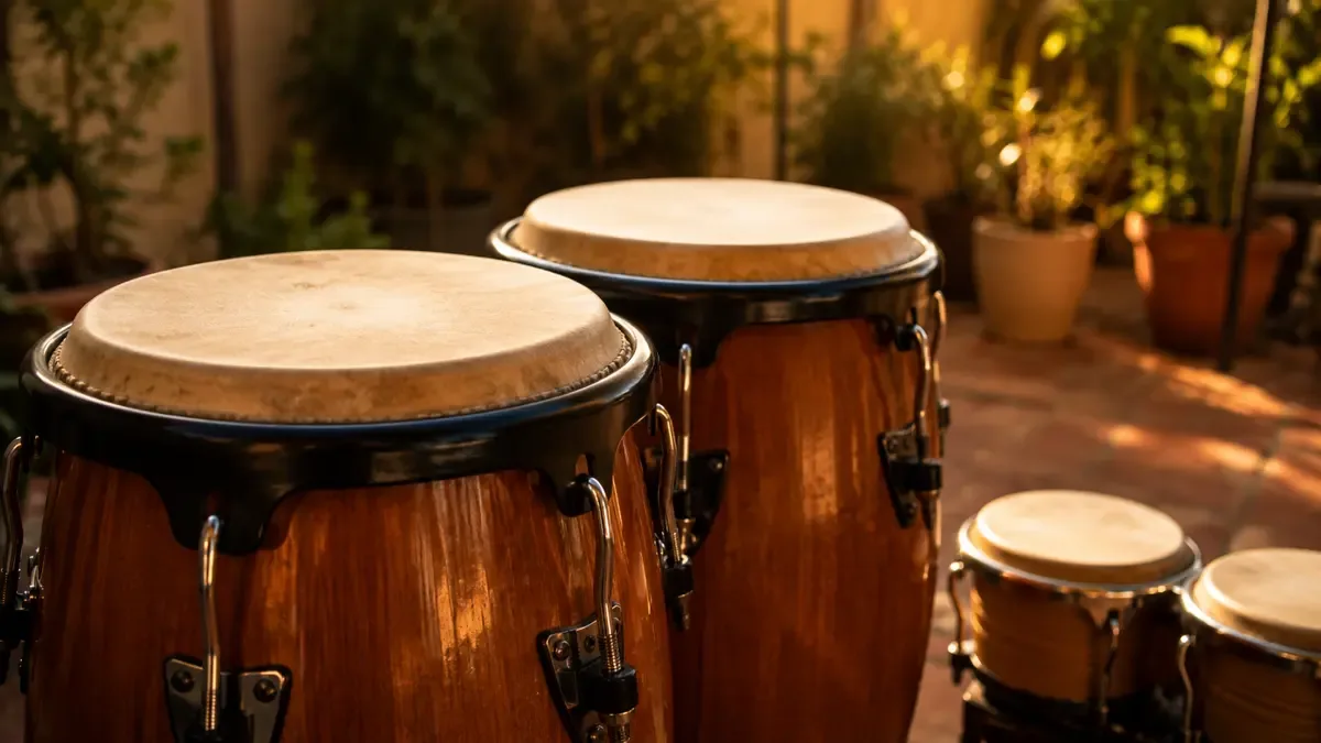 Congas de madera con parches de cuero y bongós al costado