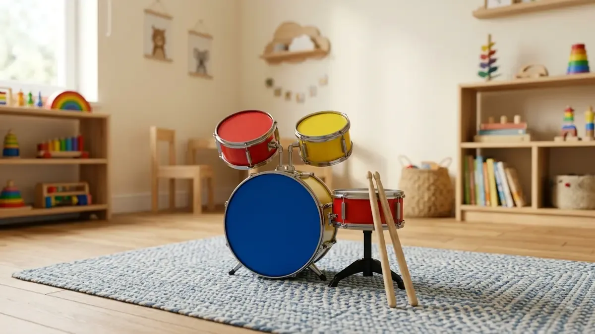 Bateria de juguete de colores primarios con baquetas sobre la alfombra de una habitacion infantil