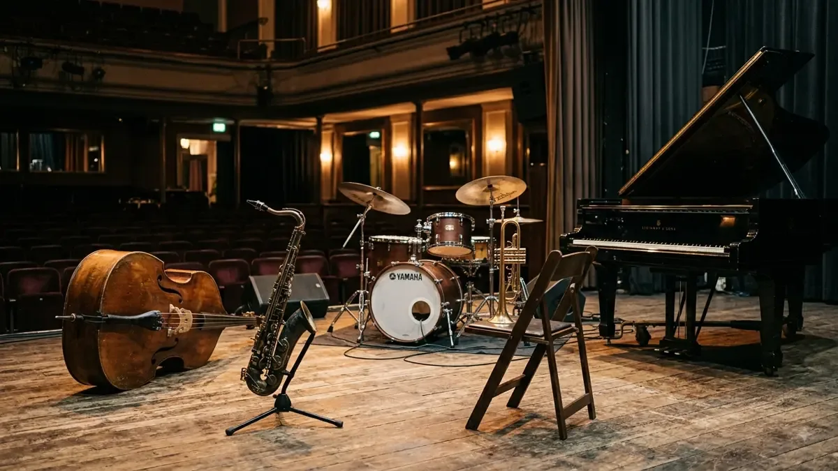 Contrabajo, saxofon, trompeta, bateria y piano dispuestos en un escenario vacio