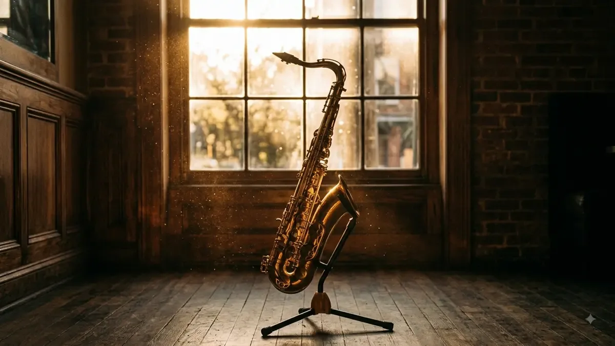 Saxofon tenor en su soporte recortado a contraluz frente a un ventanal con polvo suspendido