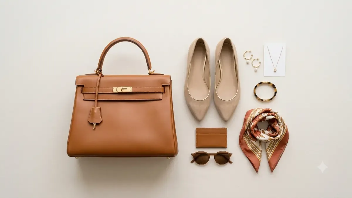 Cartera, zapatos y accesorios dispuestos sobre una superficie clara