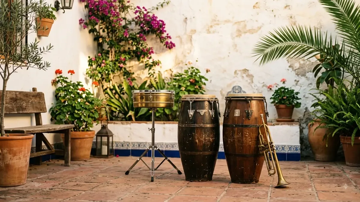 Congas, timbal y una trompeta apoyada en un patio con plantas y pared encalada