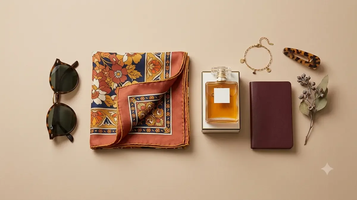 Flat lay de objetos de moda de temporada sobre fondo neutro