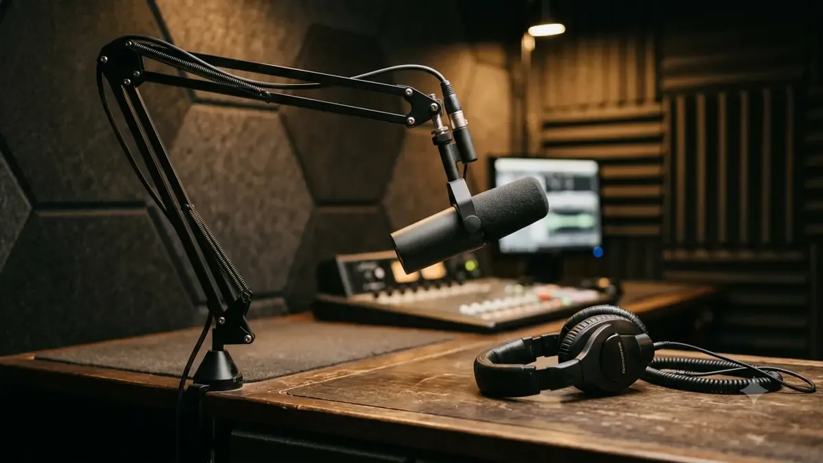 Micrófono de radio con brazo articulado y auriculares sobre la mesa