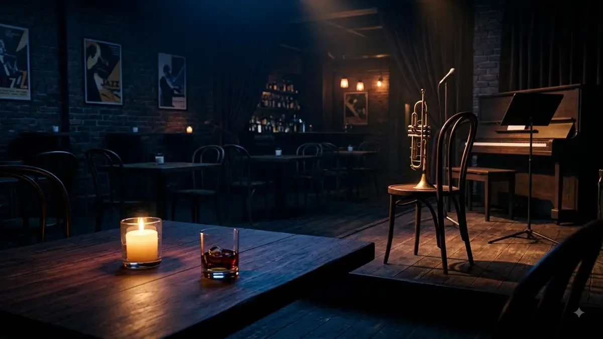 Interior de club de jazz en penumbra con una mesa, una vela y una trompeta apoyada al fondo