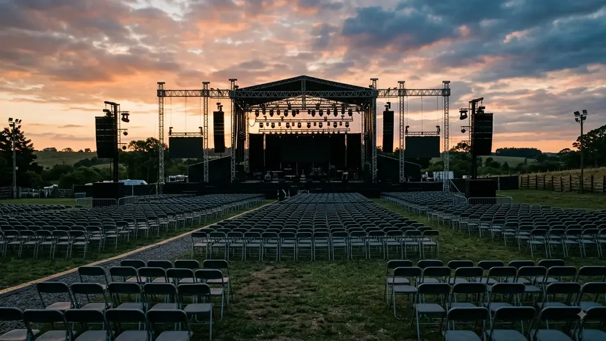 Escenario al aire libre con torres de sonido y sillas vacias sobre el cesped al atardecer