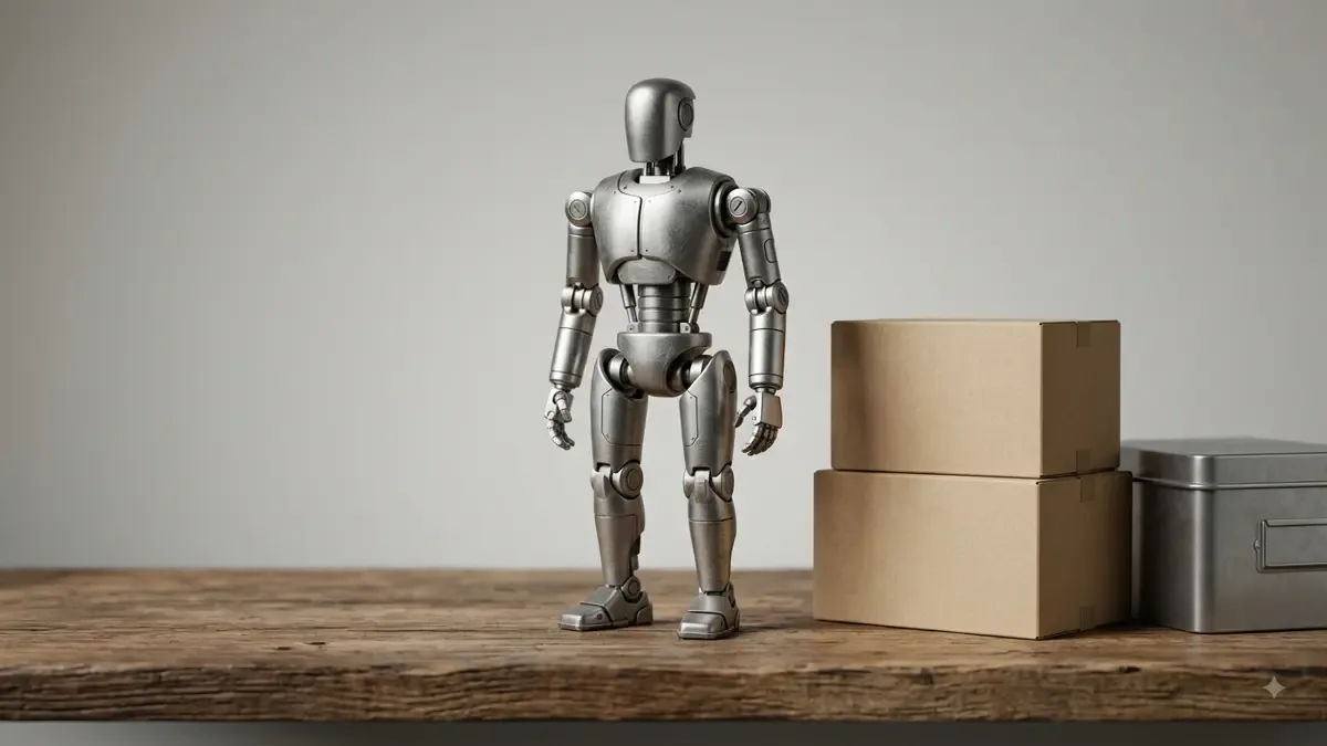 Figura de robot articulado generica sobre un estante de madera junto a cajas lisas